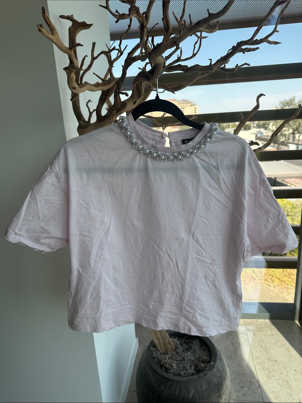 Maje Pearl-Embellished Light Pink Cropped Tee